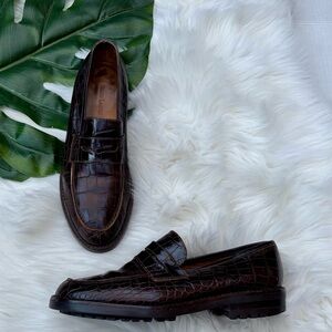 Ralph Lauren Brown Croc Embossed Leather Lug Sole Loafers 7.5